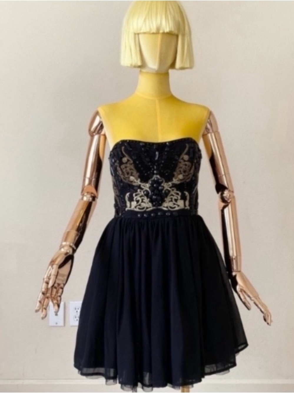 Lipsy Black Strapless Prom Dress with Gold Embroidery SZ XS